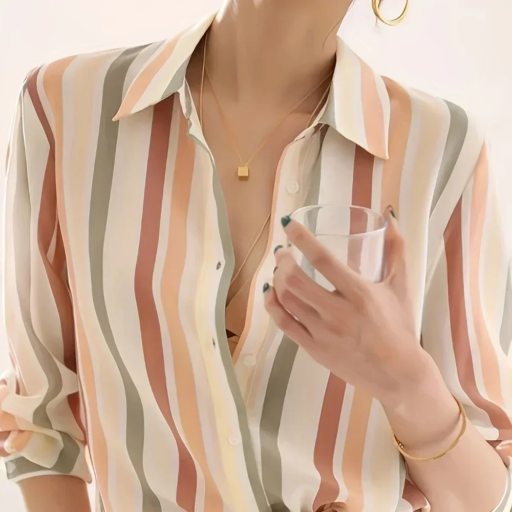 Striped Print Button Front Shirt Casual Long Sleeve Shirt for Spring & Fall Women\'s Clothing Women Tops Blouse Women Shirt