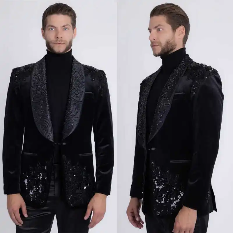 Gentleman Wedding Tuxedos Beaded Shawl Lapel 2 Piece Set Men Suit Fashion Jacket Pants Groom Evening Prom Blazers Customized