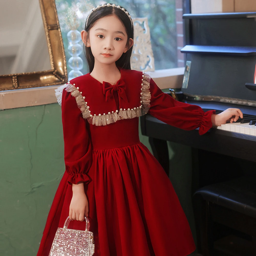 Robe de princesse en velours rouge pour filles, volants, col marin, manchette élastique, ligne A solide, robes de performance de piano, robe de demoiselle d'honneur, 3-8T