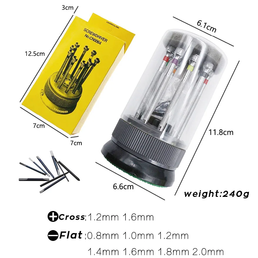 Screwdriver Set Watch Repair Tool Kit 9PCS Watch Glasses Flat Blade Assort Slotted Mini Screwdrivers Tool with Rotating Stand