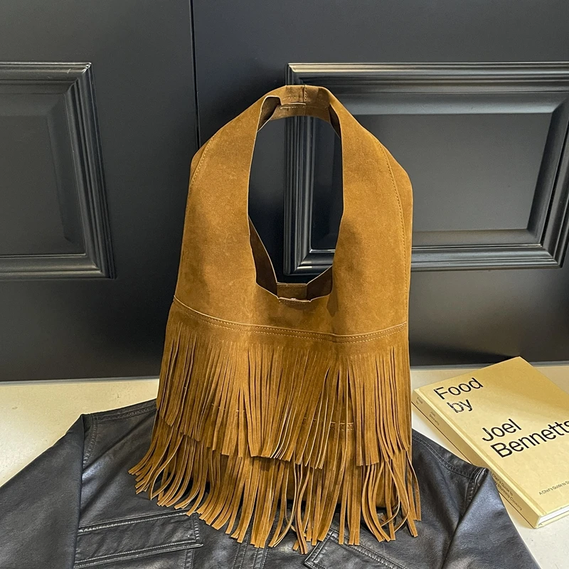 

Large Capacity Women's Leather Underarm Shoulder Bag Luxury Designer Brand Tassel Lady Travel Handbag Casual Tote Messenger Bag