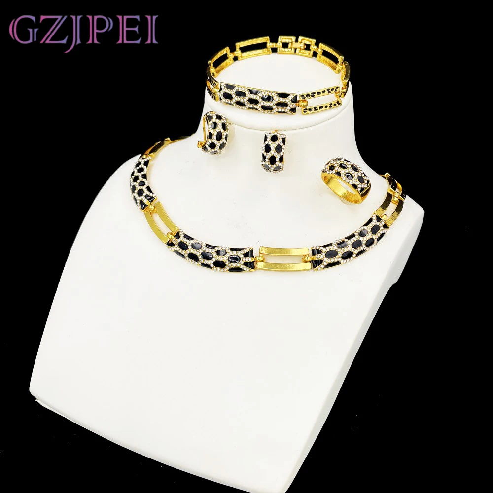 

GZJPEI Elegant Women Jewelry Set Black Enamel Necklace Earrings Bracelet Ring With White Zircon For Bridal Wedding Gift