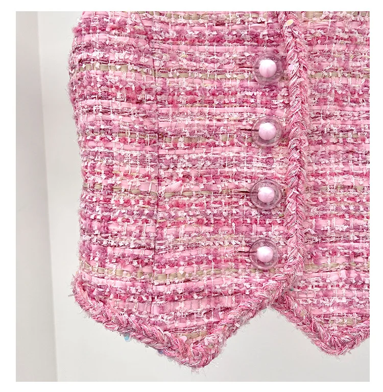 New Pink Plaid Wool Tweed Vest Women Y2k Small Fragrant Cropped Vest V-neck Sleeveless Short Women's Vest