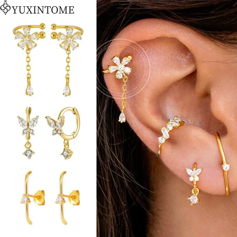 

YUXINTOME Plated 24K Gold Crystal Flower Cartilage Clip Earrings Water Drop Pendant Chain For Women Ear Cuff Vintage Jewelry