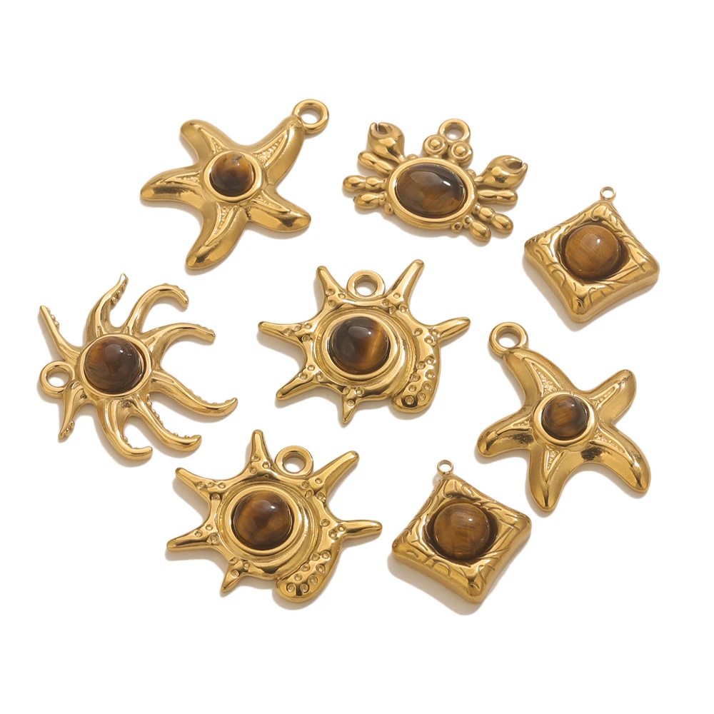 

4pcs Stainless Steel Starfish Crab Charms Natural Tiger Eye Stone DIY Necklace Bracelet Jewelry Making Supplies Wholesale Bulk