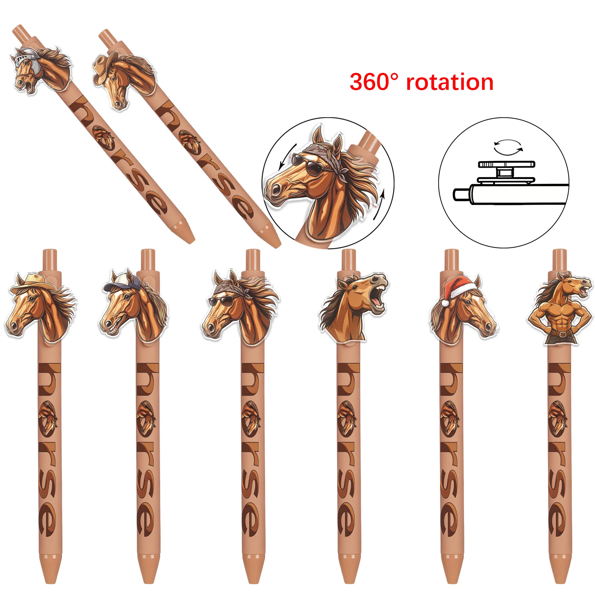 

9 pieces of office universal ballpoint pens. Horse-shaped design. Random patterns. Dark brown color. Gift pens.