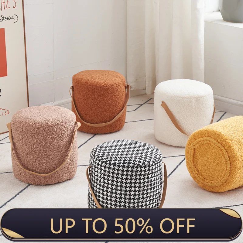 Lamb Velvet Small Round Stool Home Low Stool Living Room Sofa Coffee Table Stool Solid Wood Small