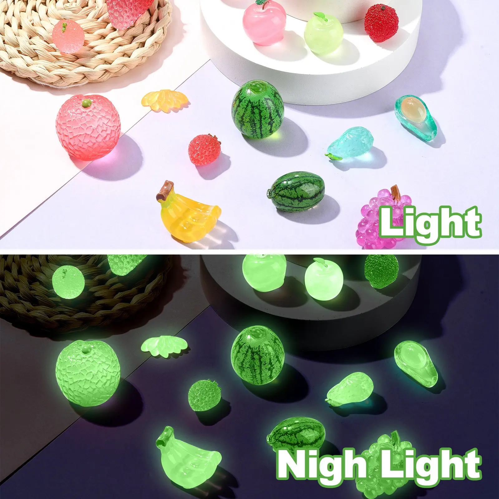 50Pcs Luminous Fruits Vegetables Figurines Resin Mini Glow in The Dark Food Figurines for DIY Decor