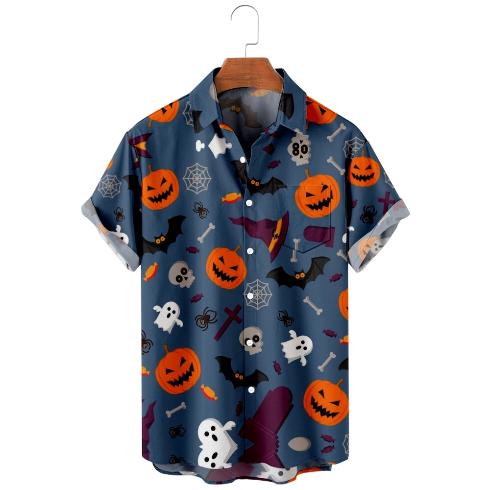 

2022 new men's casual breathable short sleeve top fashion Lapel men's shirt Hawaii with beach halloween bat