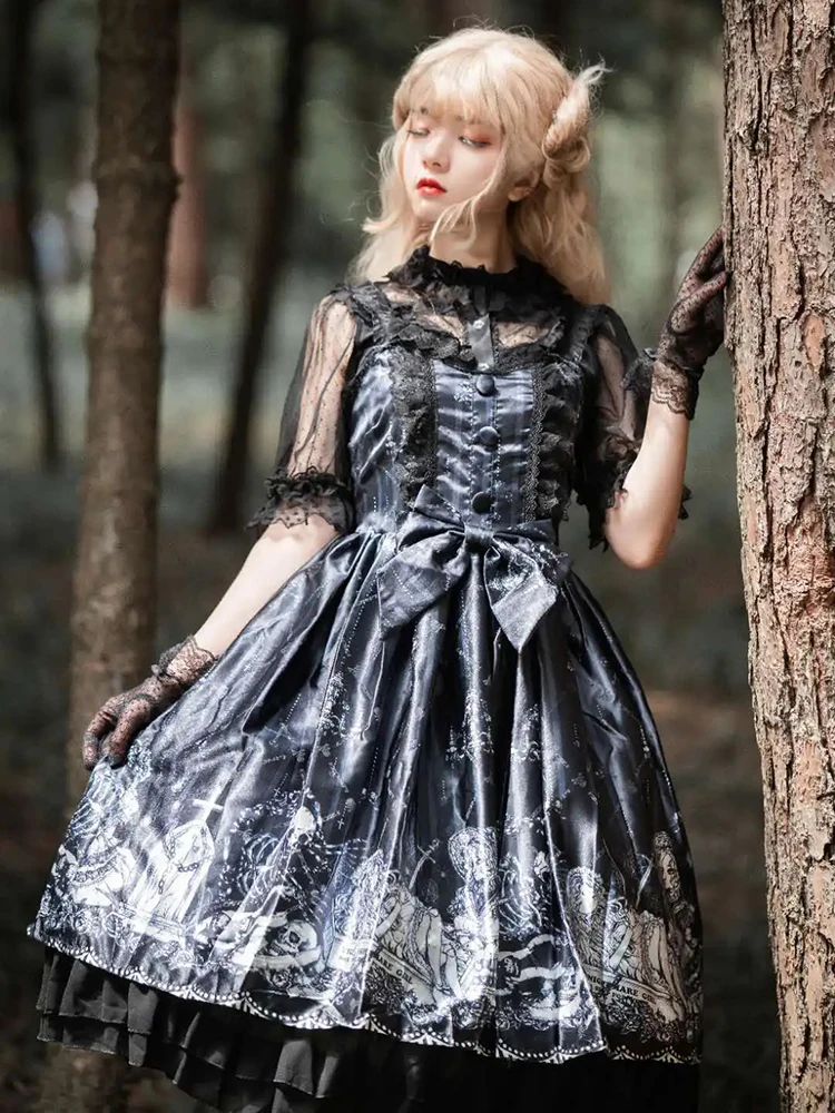 RORORIRI Saint Gravestone Lolita JSK Women Button Decor Bowknot Puffy Tank Mini Dress One-piece Gothic Closplay Maid Costumes