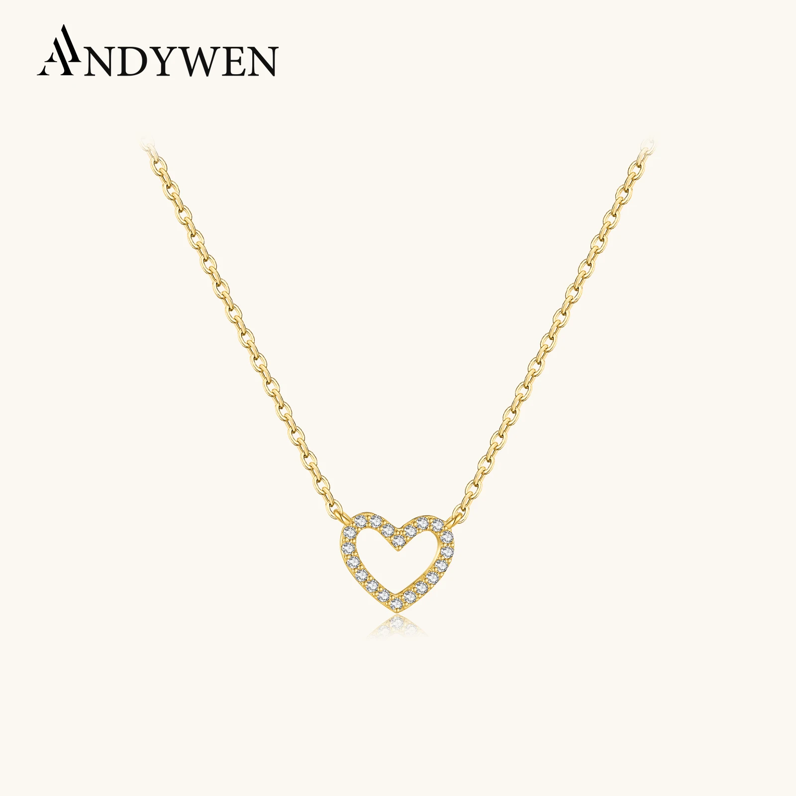 

ANDYWEN 925 Sterling Silver Hollow Heart Shaped Pendant Necklace With Zircon CZ Edge Delicate Chain Romantic Gift Women