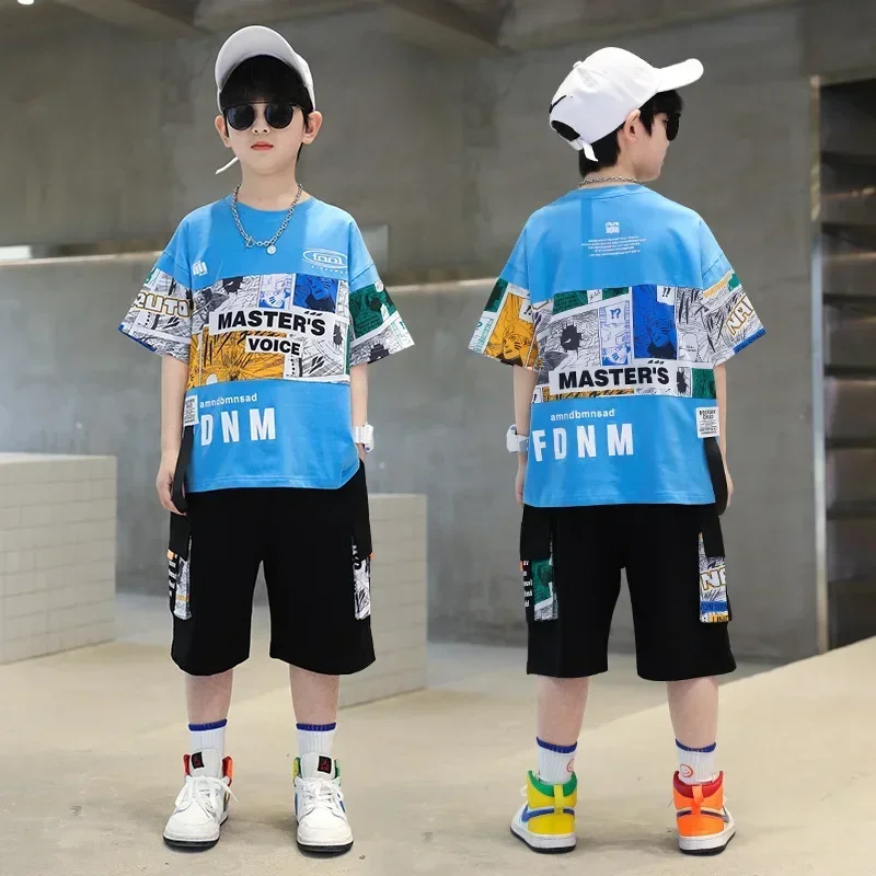 Summer Boys Cotton Alphabet Picture Printed T-Shirt Tops+Shorts School Kids Tracksuit Children 2PCS Outfit Workout Set 3-16 Yr