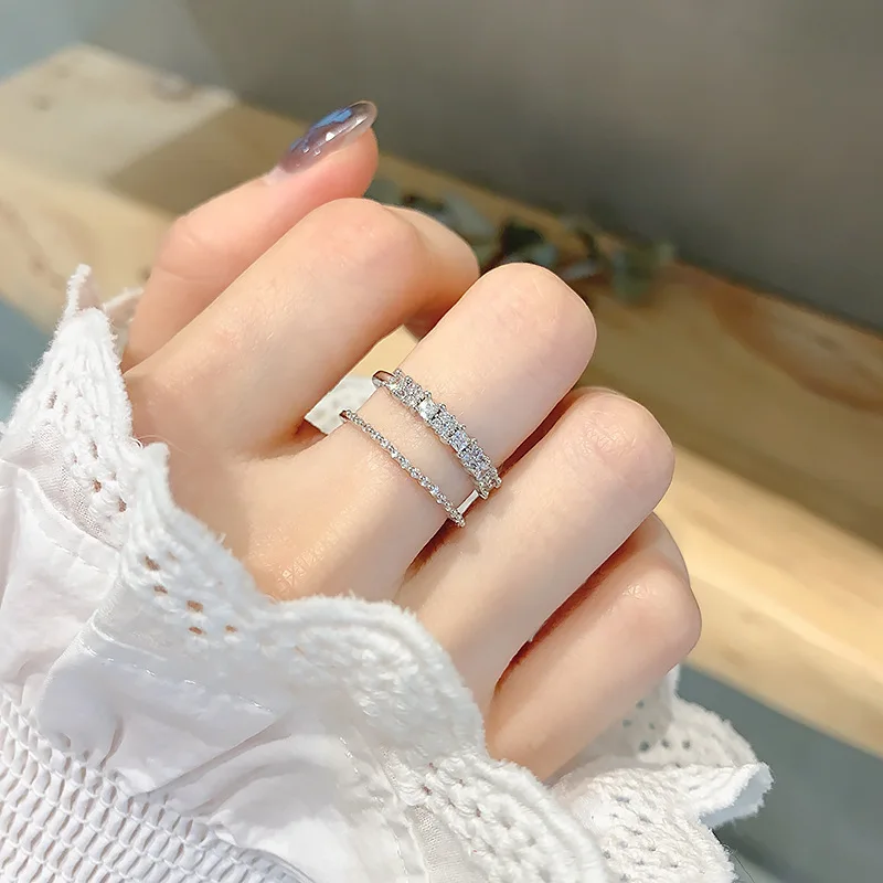 925 Sterling Silver Zircon Double-Deck Wide Open Adjustable Ring Korea INS Style Woman Fine Party Jewelry Gift