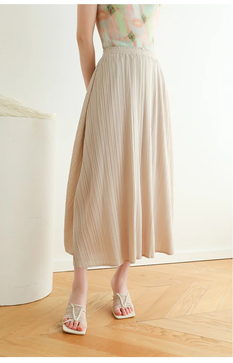 Spring/Summer Miyake Pleated Versatile Casual Age Reducing Mid Length Skirt (With Lining) [7666]