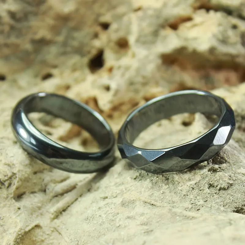 Natural Stone Hematite Ring Flat Arc Black Gallstone Couple Non-magnetic Ring Geometry Design Finger Rings Party Jewelry Gift