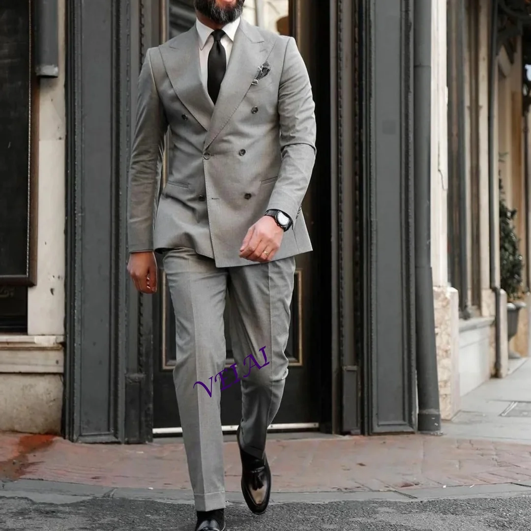 

CustomizedFormal Solid Gray Men's Suits 2 Pieces Peak Lapel Double Breasted Slim Fit Business Wedding Groom Suits Pants Customiz