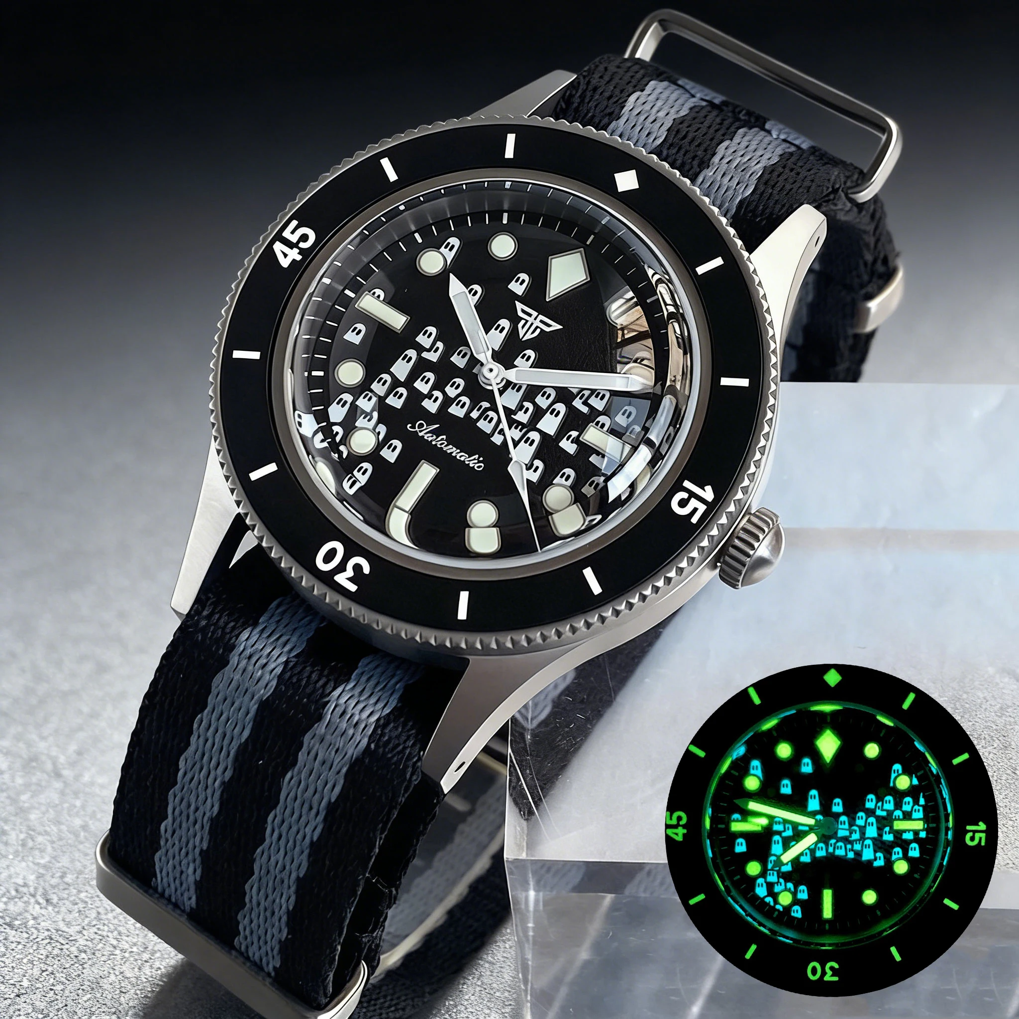 

Винтажные механические часы Tandorio Super Green Blue Lume Ghost Dial для дайверов, мужские, с японским механизмом NH35, сапфировым стеклом, водонепроницаемостью 200 м, корпус с пескоструйной обработкой