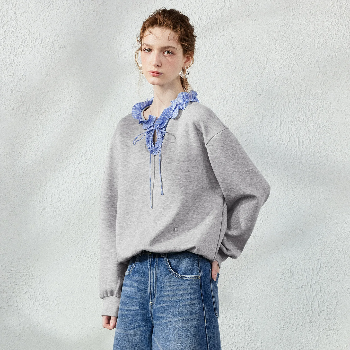 TOYOUTH Women's Sweatshirt 2026 Autumn New Air Layer Fabric Spliced Plaid Bud Collar Loose Sweet Cool Relaxed Fit Pullover Top