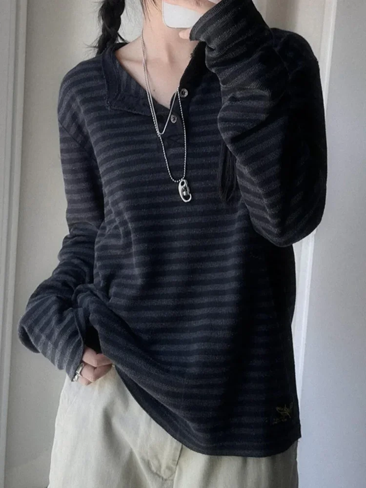 2025 스트라이프 프린트 Y2K 루즈 티 셔츠 긴 소매 Botton 한국 미적 패션 의류 빈티지 streetwear 탑스