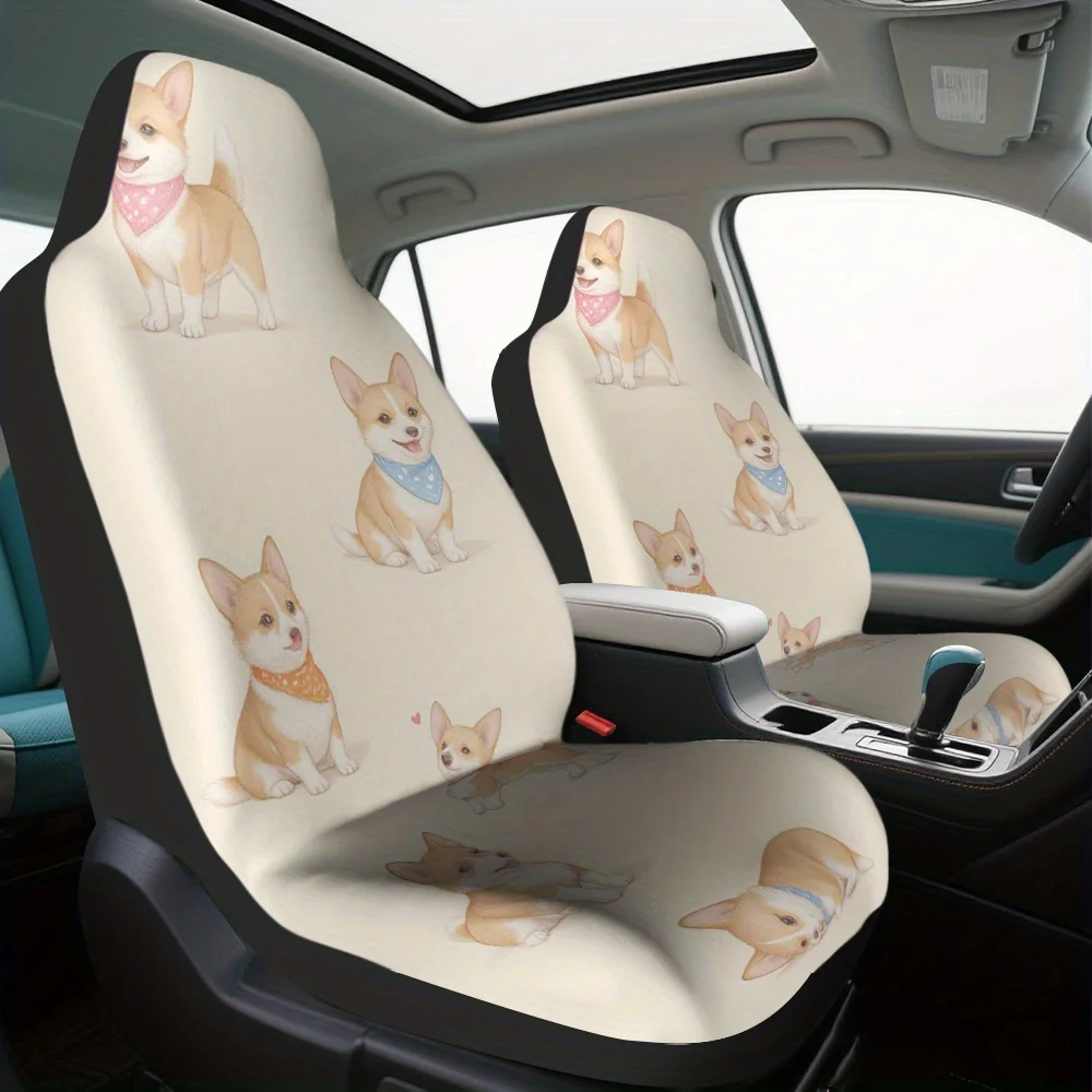 2pcs, Cute Cute Corgi Puppies Print Front Seat Covers For Cars, Four Seasons General, Durable And Washable, Perfect Choice To De 3