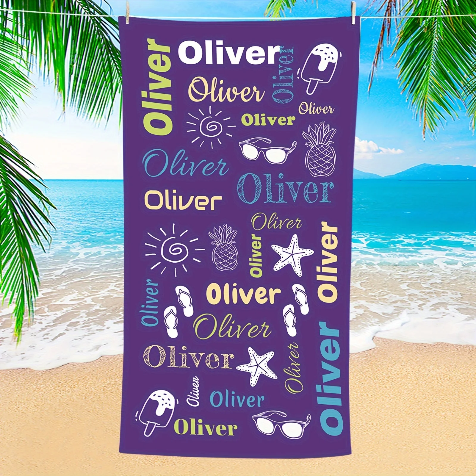 Personalized Beach Towel Custom Name/Logo Text Microfiber Summer Themed Beach Party Towel Thin Absorbent for Swimming Yoga Bath