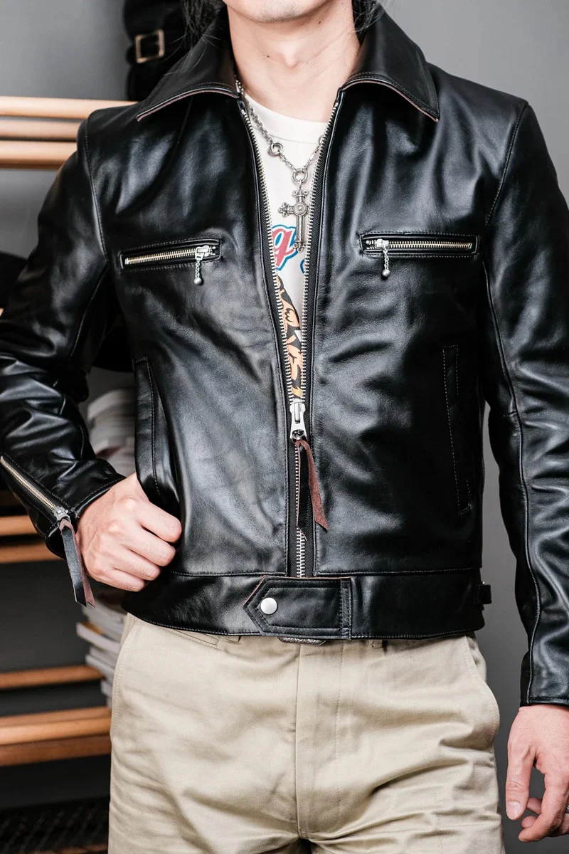 YR!Free shipping.Classic British genuine leather motorcycle jacket.Luxury vintage Men Tea core calfskin coat.Quality