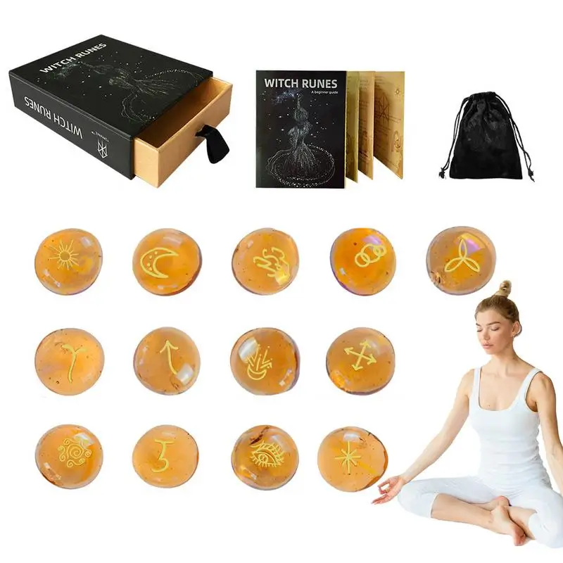 Witch Runes 13 Pcs Glass Divination Runes With Instruction Pouch Witch Supplies Multifunctional Handicrafts Tools Portable