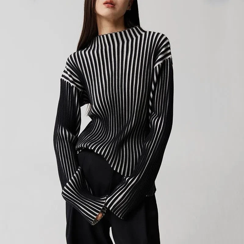 Light Shadow Art Design French Sweater Color Contrast Stand Collar Stripe Knitted Long Sleeve Shirt Women High Level Pullover