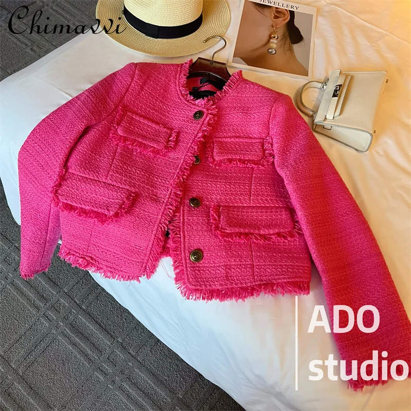 

Rose Red Tweed Short Coat 2024 Autumn New Women's High-end Fashion Long Sleeve Single-Breasted OL Elegant Jackets Coat Women