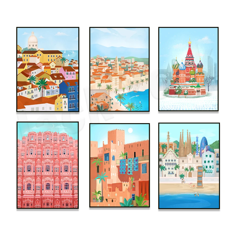 Illustrated wall art featuring New York City, Portugal, Italy, Argentina, and Morocco; cityscape travel posters.