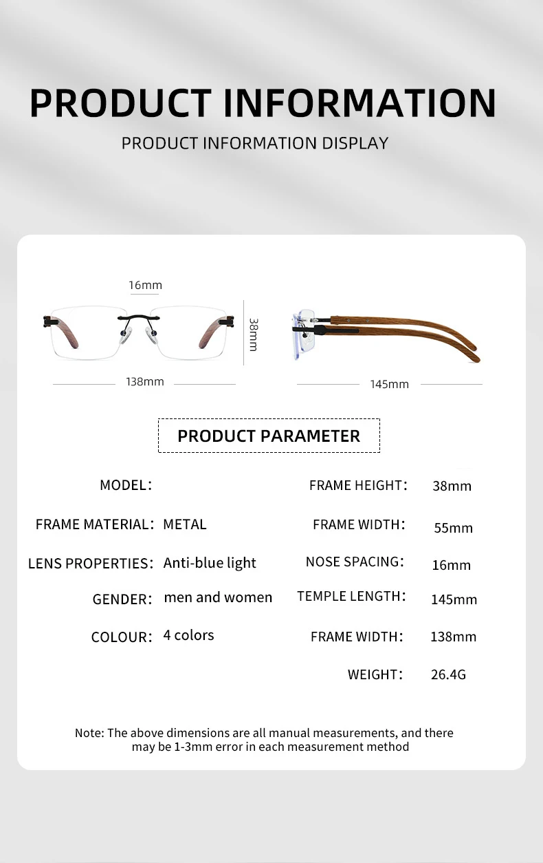 Bambus und Holz ohne Rahmen Brillen Markendesigner Anti-Blaulicht-Herren-Business-Brille Randlose Brillen – Detail 3