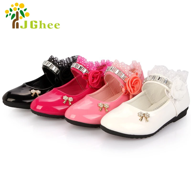 J Ghee Spring Autumn New Fashion Girls Shoes Patent PU Leather Rhinestone Beading Floral Lace Princess Kids Single Shoes 4 Color