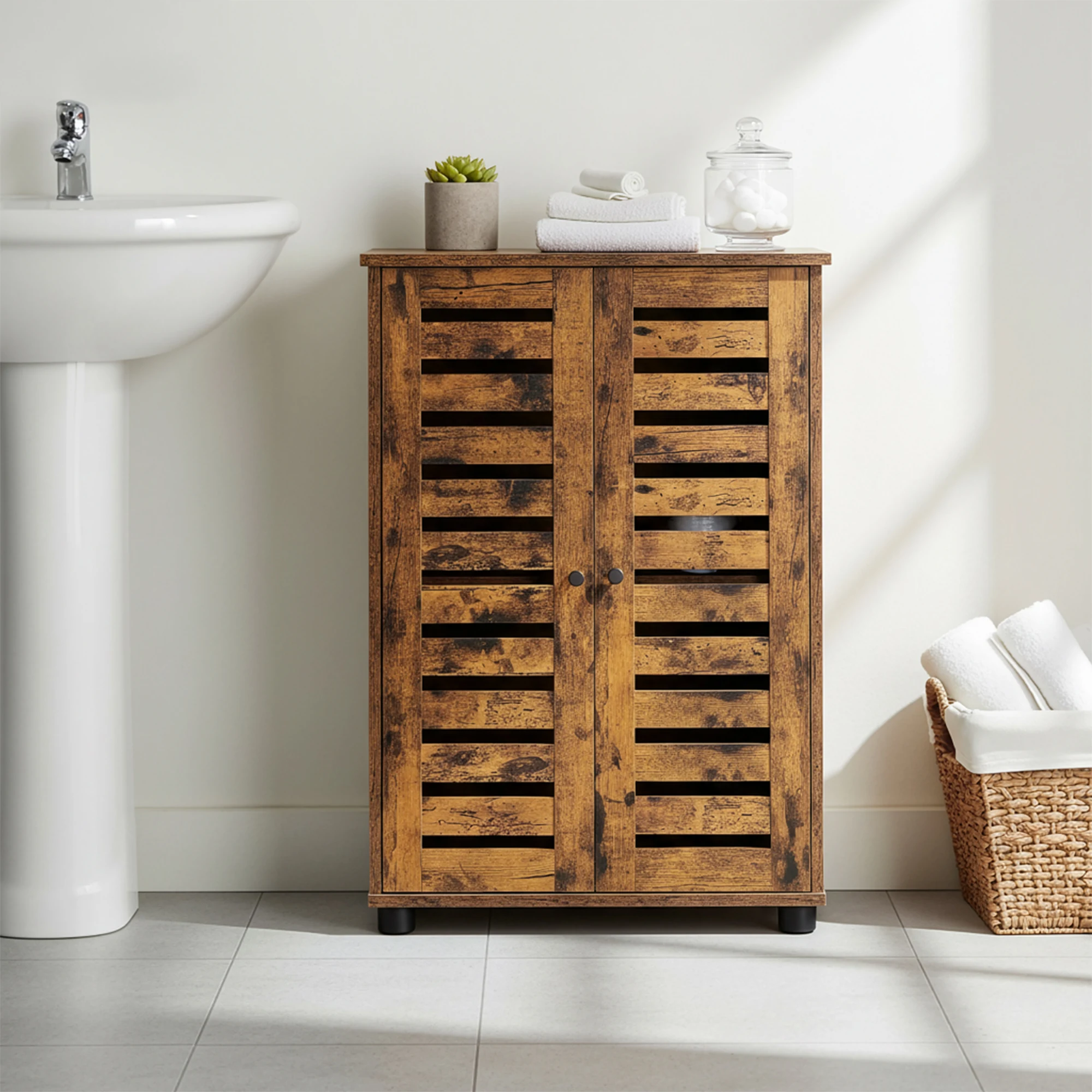 VASAGLE Badezimmerschrank, mit Lamellentüren, 2 höhenverstellbare Ablagen