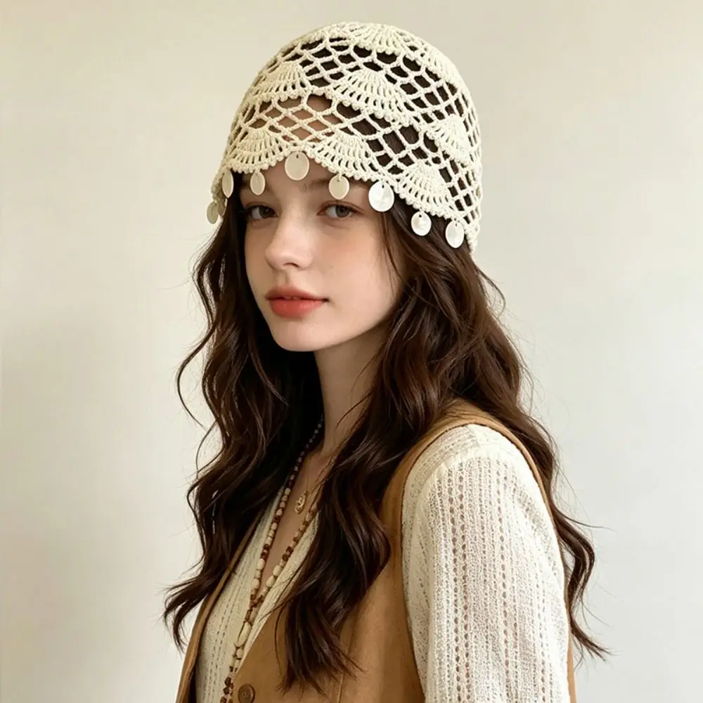 Elegant Hollowed Out Knitted Hat Thin Solid Color Shell Tassels Hat Ethnic Style Korean Woven Pullover Cap Apparel Accessories