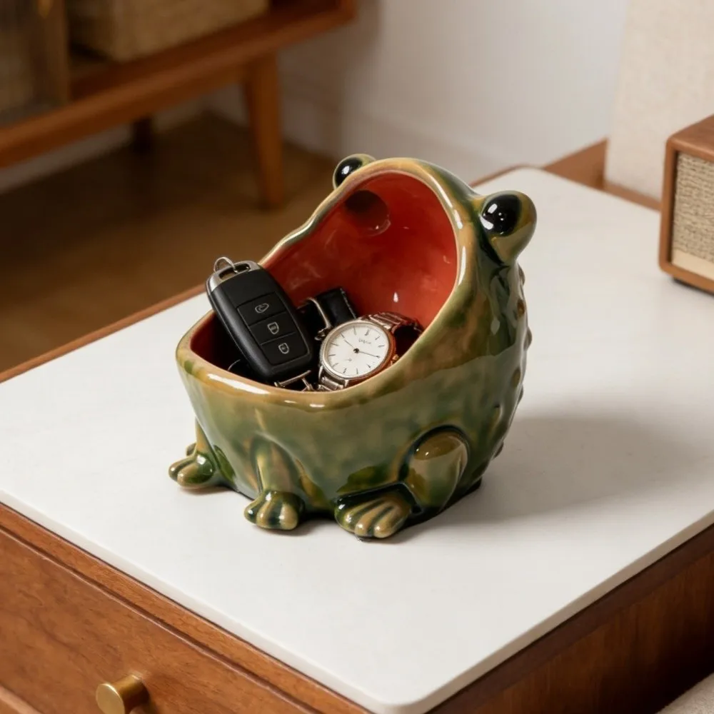 Wide Open Mouth Cute Frog Jewelry Box Funny Decorative Frog Shape Storage Box Modern Artistic Frog Statue Frog Trinket Tray