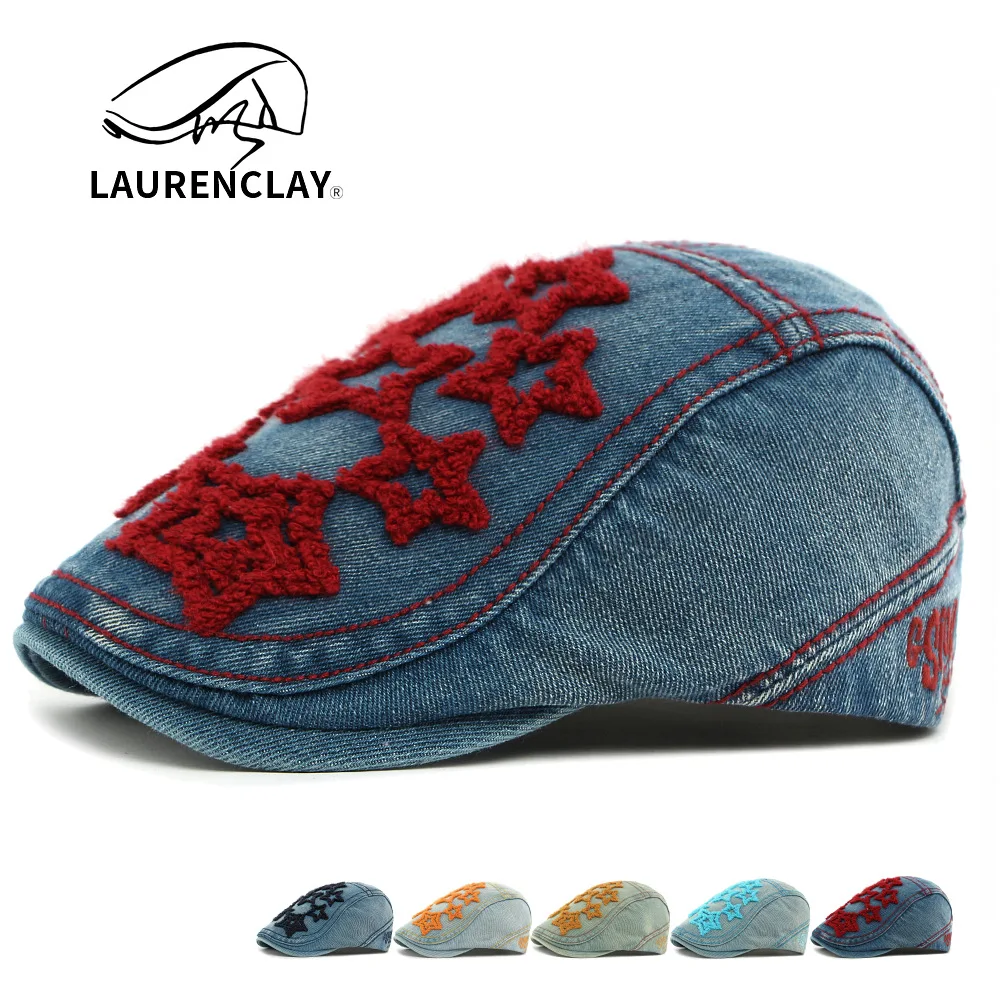 Personalized Embroidered Five-pointed Star Denim Cotton Beret Women's British-style Peaked Cap Versatile Forward Hat Men's