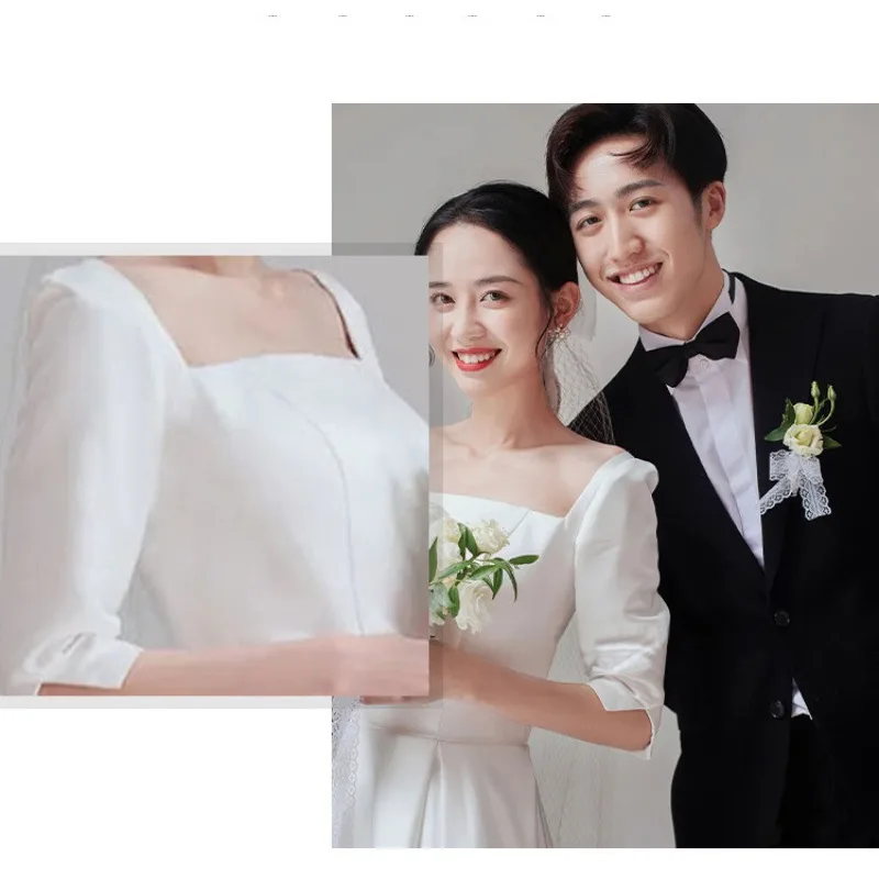 Короткое белое атласное легкое свадебное платье 2025 года, новая юбка трапециевидной формы с квадратным воротником, торжественное платье с короткими рукавами, женские элегантные вечерние платья Короткое белое атласное легкое свадебное платье 2025 года, новая юбка трапециевидной формы с квадратным воротником, торжественное платье с короткими рукавами, женские элегантные вечерние платья