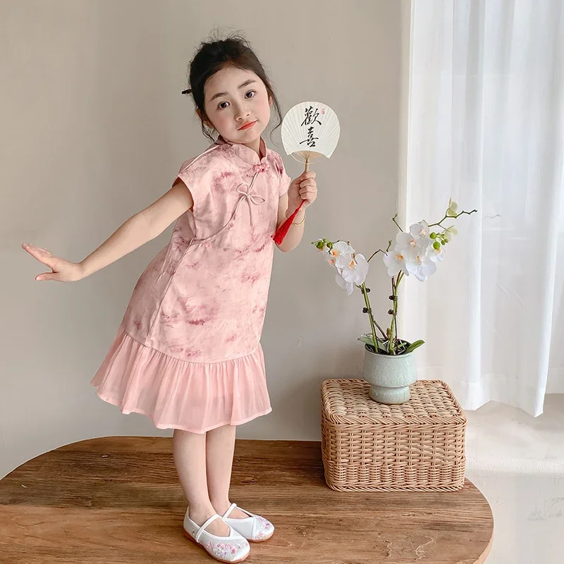 2024 Summer Girls Sweet Princess Dress Casual Combination Dress Improved Bow Pink Qipao Dress 3-10y Children\'s Wear Kids Clothes