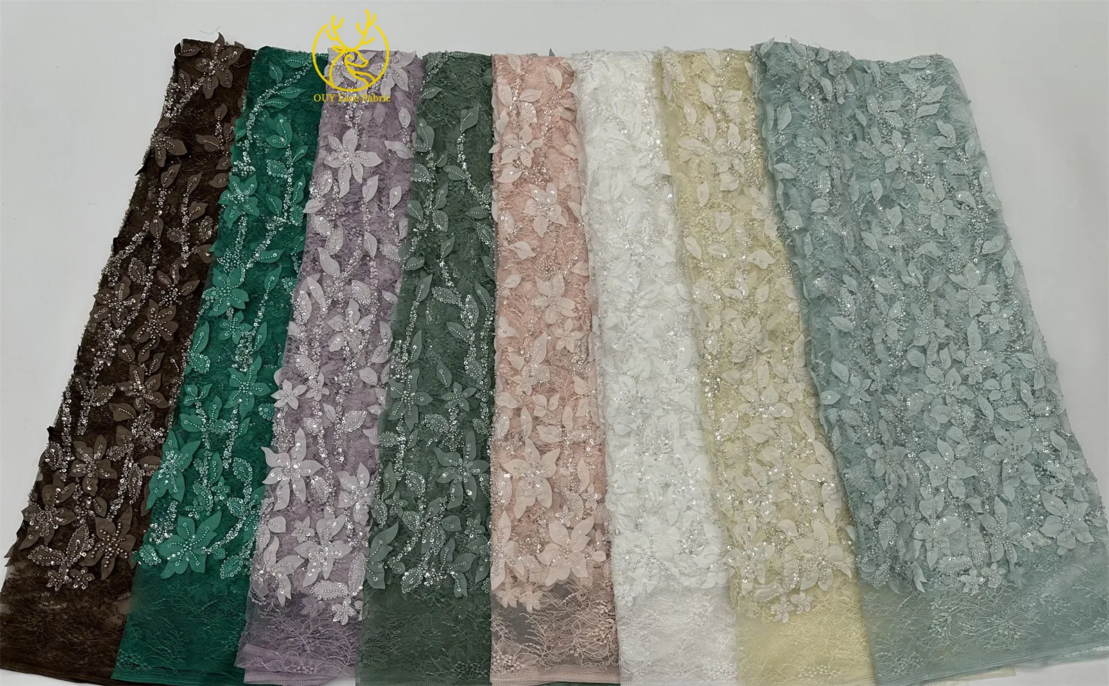 3D grüner afrikanischer handgefertigter Perlen-Pailletten-Spitzenstoff 2026 – Hochwertiger nigerianischer Stoff für luxuriöse Hochzeits- und Partykleider zum Nähen, 5 Yards – Detail 3
