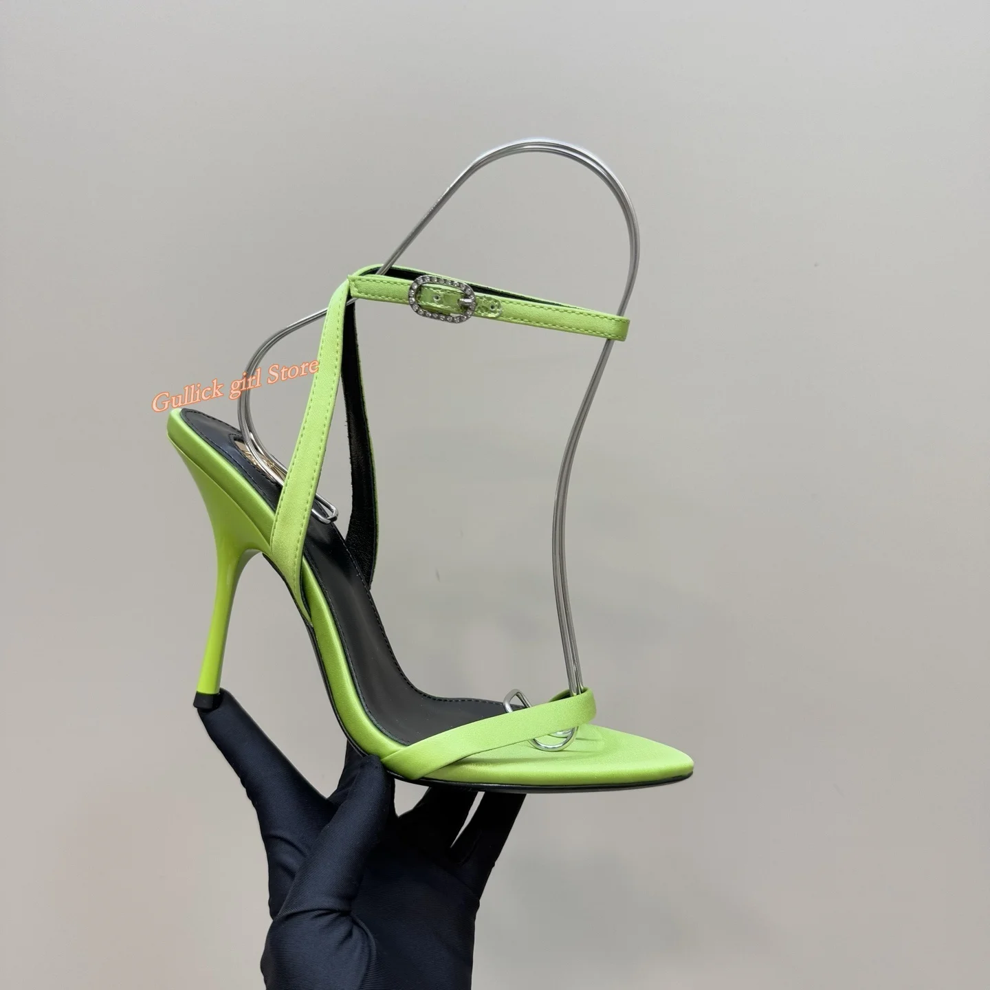 

Green Matte Leather Stiletto Heel Sandals Sexy Pointy Toe Ankle Buckle Strap Real Picture Top Quality Real Picture Shoes