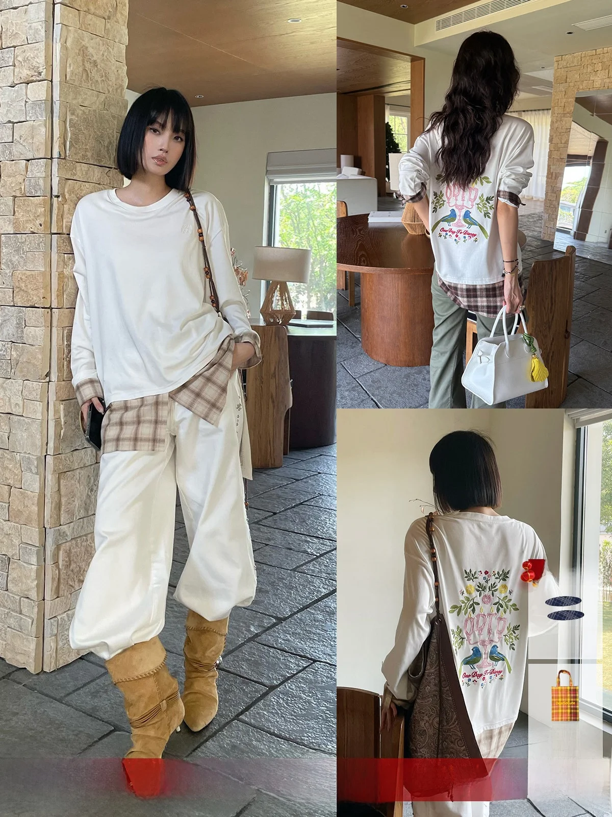 

ODTD Brand Long Sve Embroidered T-irt Peace id Pattern Casual Sle round Ne Cotton Loose Fit Women's Top