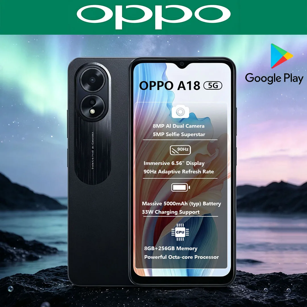 New OPPO A18 5G Dual-SIM AI Smartphone 5000mAh Battery 90Hz High Refresh Rate Gaming Mobile Phone 8+256GB Memory,Glowing Black