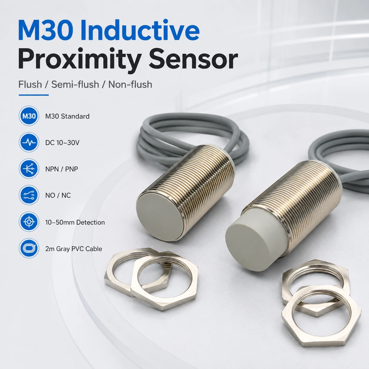 M30 Inductive Proximity Sensor DC 10-30V 3-Wire NPN PNP NO NC Flush Semi-Flush Non-Flush 10-50mm Detection 2m Cable