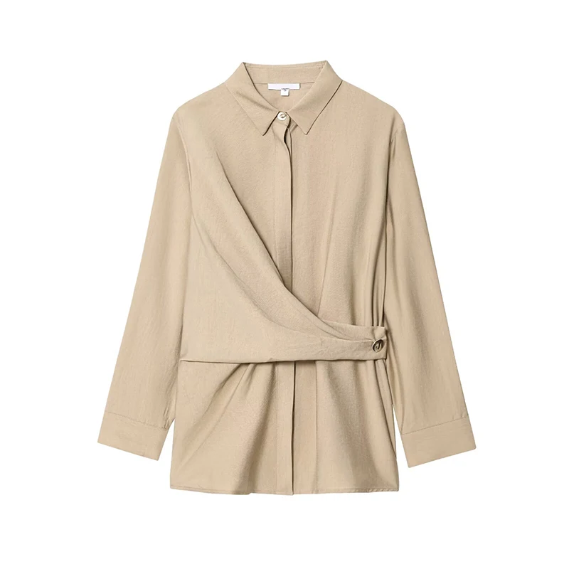 

YENKYE Crossover Front With Button Office Shirt For Women Lapel Collar Long Sleeve Commuting Loose Blouse Autumn Lady Shirts