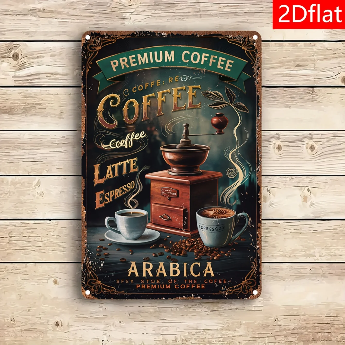 2D Flat, a Vintage Coffee Equipment Decorative Hanging Sign Featuring Exquisite Illustrations of a Grinder and Coffee Cup. The D