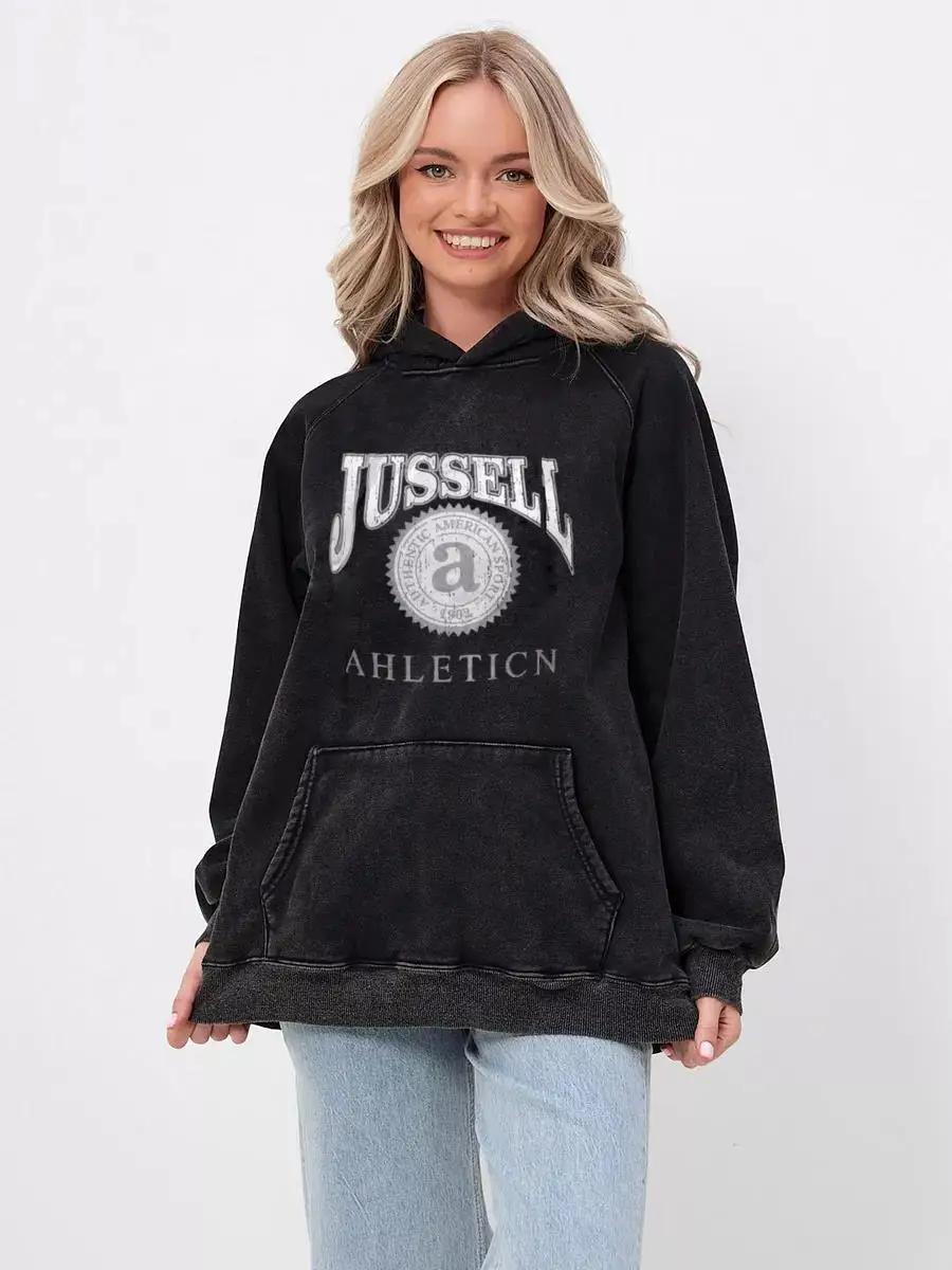 

Jussell Ahllticn Letter And Pattern Design Women Vintage Washed Cotton Hoodie Harajuku Casual Pullover Hoody Autumn Warmtops