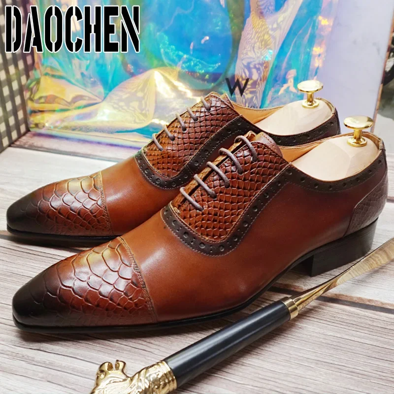 Luxury Men Oxford Shoes Blue Black Blue Cap Toe Snakeskin Print Lace Up Men Dress Shoes Wedding Office Leather Shoes Men