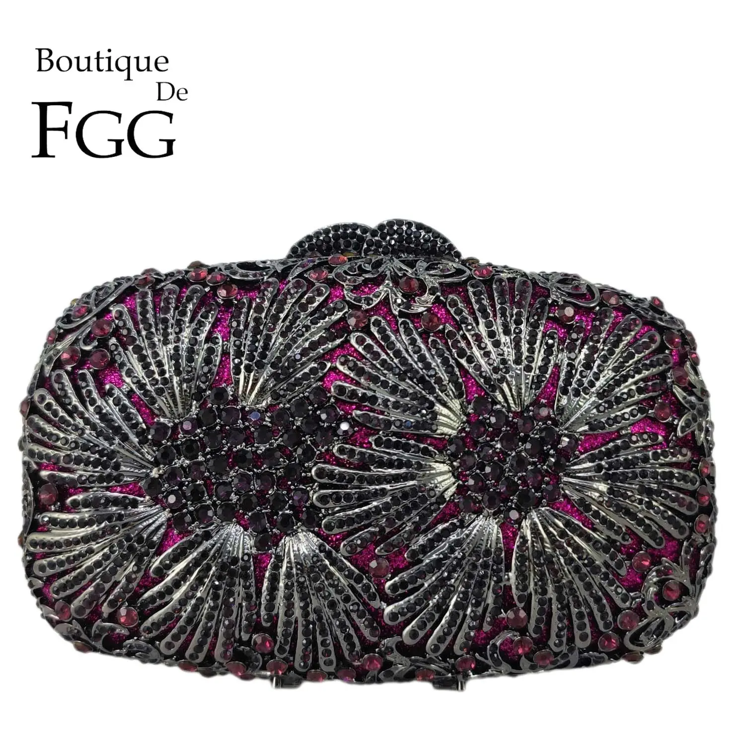 

Boutique De FGG Women Purple Flower Crystal Clutch Bag Minaudiere Bag Wedding Party Bridal Rhinestone Evening Handbags and Purse