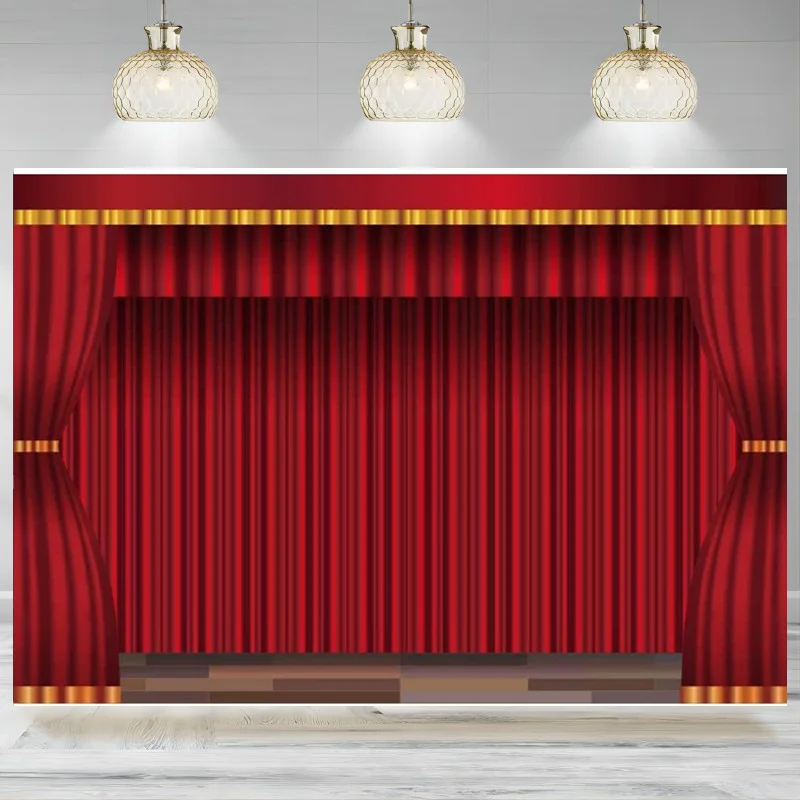 Red Curtain Stage Backdrop Theater Assembly Hall Photography Background Party Drama Opera Play Show Award Ceremony Banner(1)