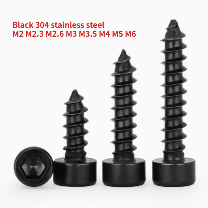 Black 304 Stainless Steel Cylindrical Head Hexagonal Self Tapping Screw Audio Speaker Cup Head M2 M2.3 M2.6 M3 M3.5 M4 M5 M6